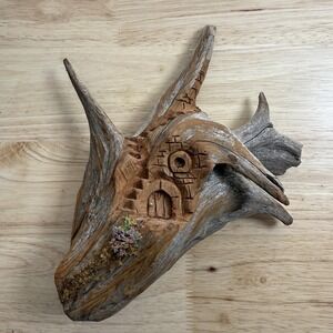 Hand Carved Driftwood Bark Fairy House Door Signed Wall Hanging‎ VTG Leaich 1988